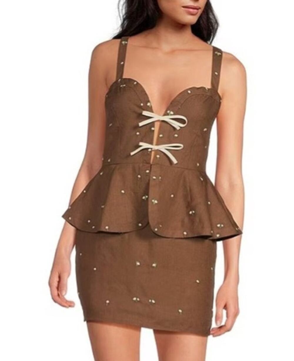 Fanm Mon Helaina Floral Embroidered Brown Mini Boho Dress Size M
